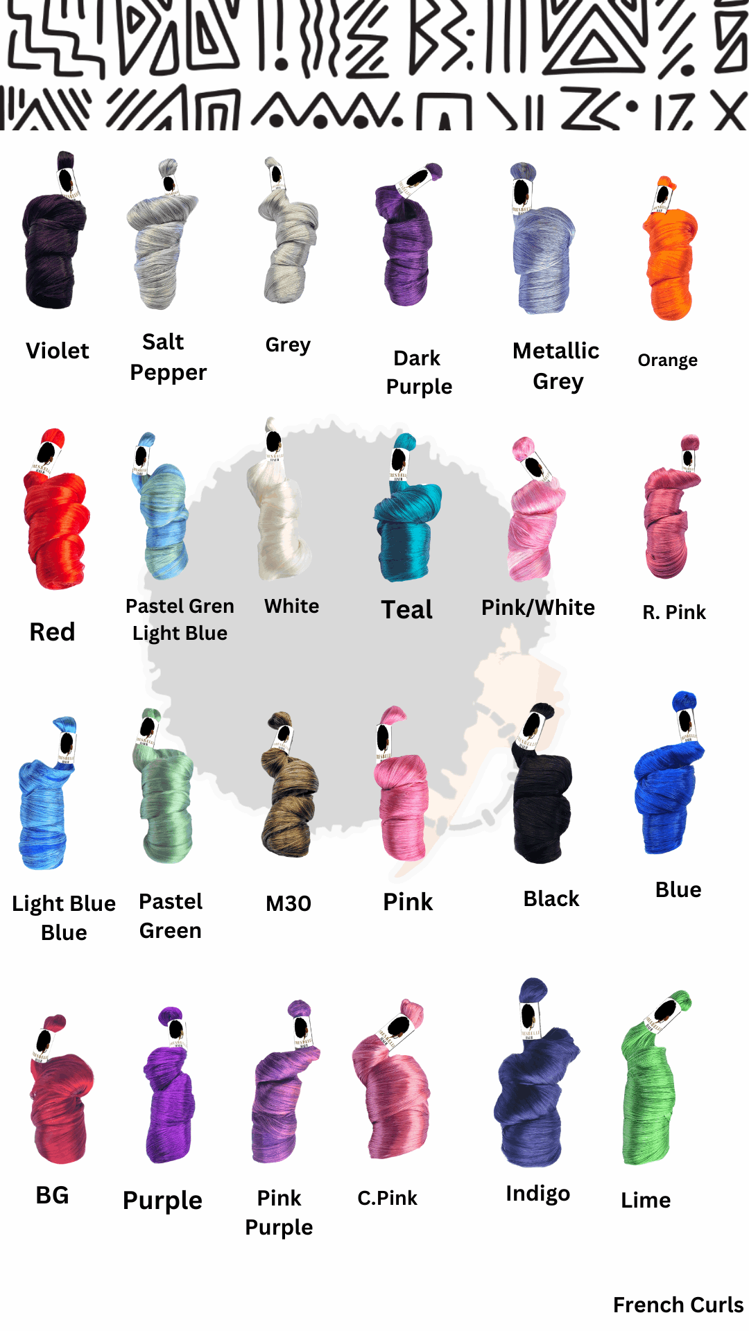 Blue French curls
Red French Curls
White French Curls
Teal French Curls
Purple French curl
Red French Curl